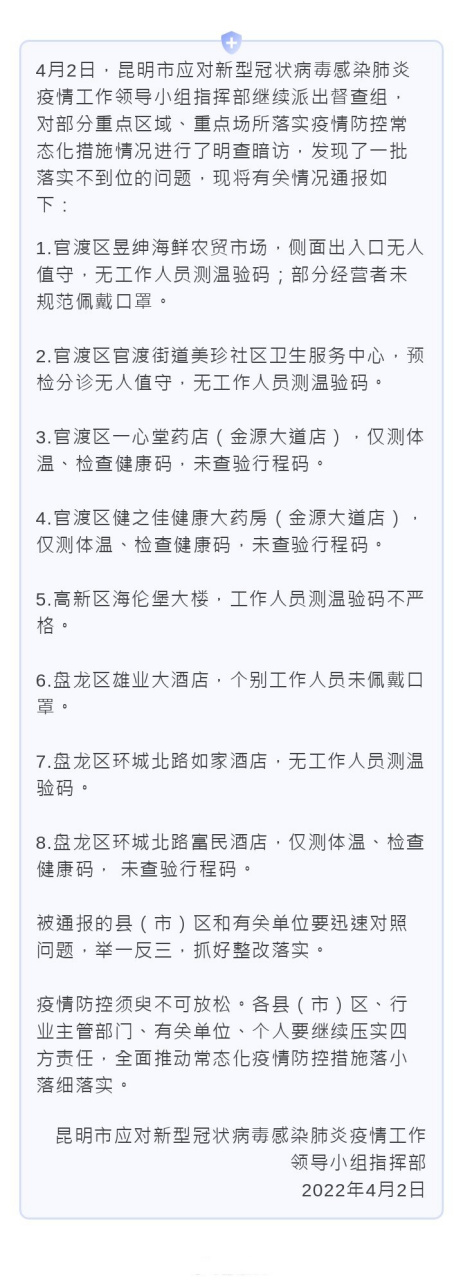 【昆明市落实常态化疫情防控措施情况通报(第四期)】4月2日,昆明市