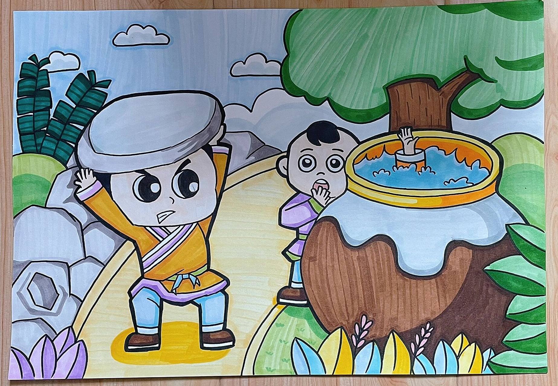 主题画—司马光砸缸(附线稿) 故事类儿童主题画 临摹:丹尼索蜡笔画