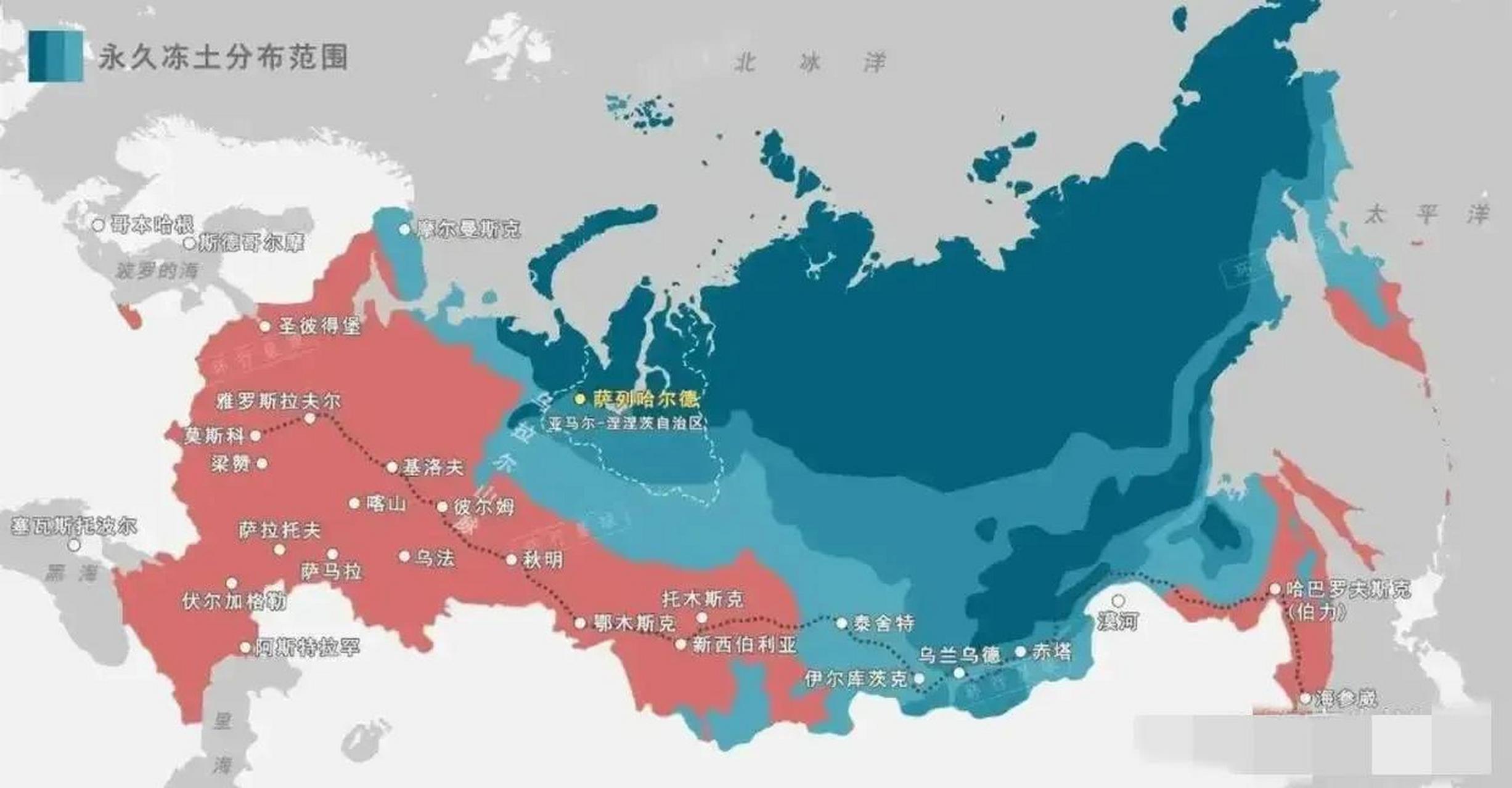 亚欧大陆永久冻土层分布图,整个西伯利亚地区几乎全部都是永久冻土层