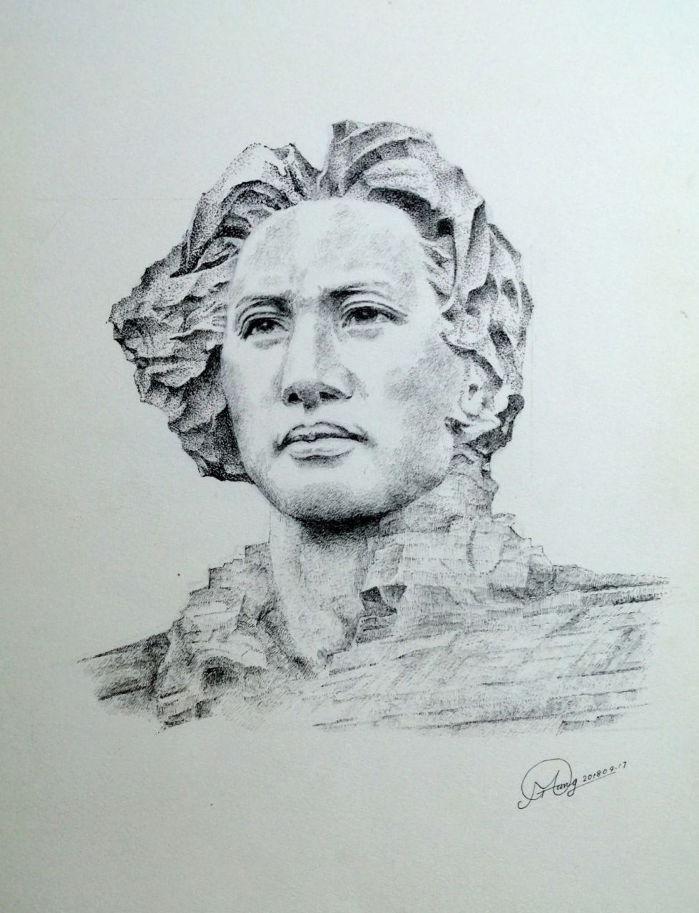 钢笔画  长沙橘子洲头伟人青年时雕塑 伟人年轻时唇下无痣,此画照实画