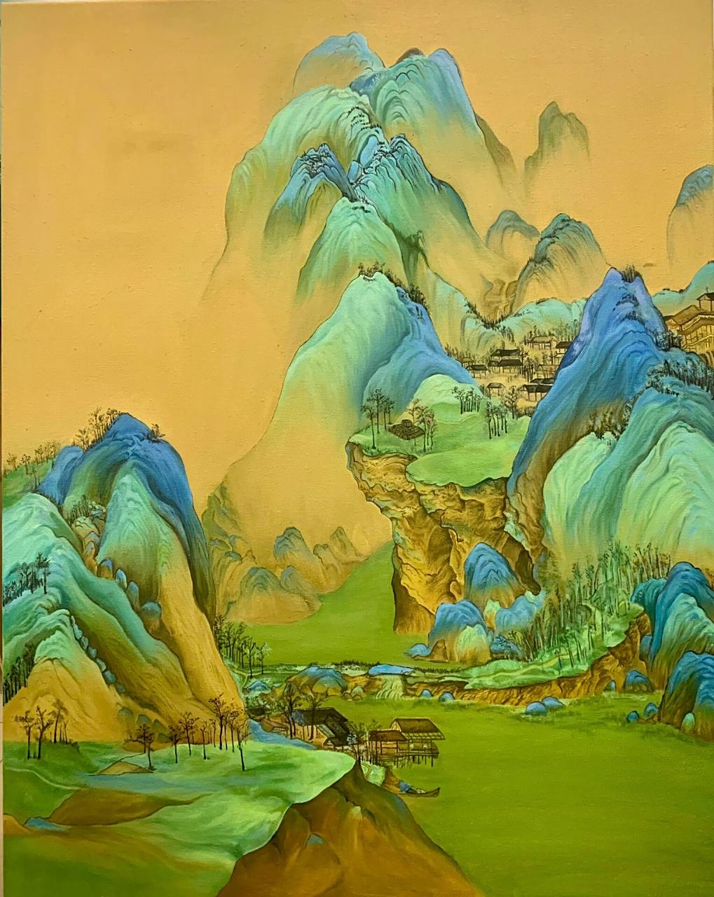 千里江山图,油画 步骤图来了,先打稿画型,然后上底色,然后再一步步细