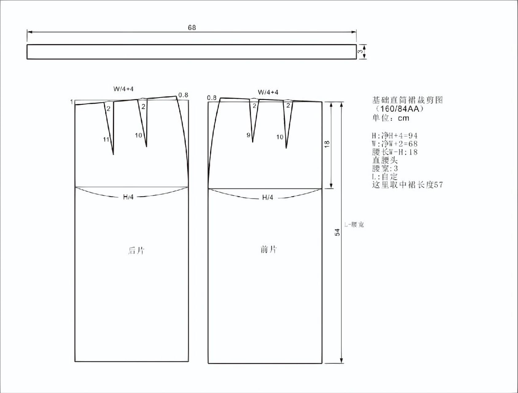 基础版直筒裙裁剪图分享 此款是最基础的直筒裙 这里以身高160cm,胸围