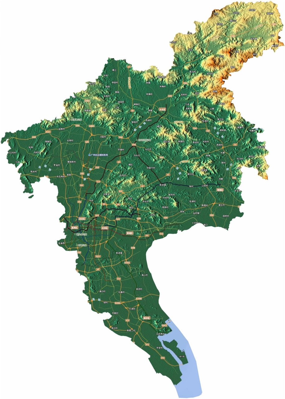 广州市地形图,广州面积约7399平方公里