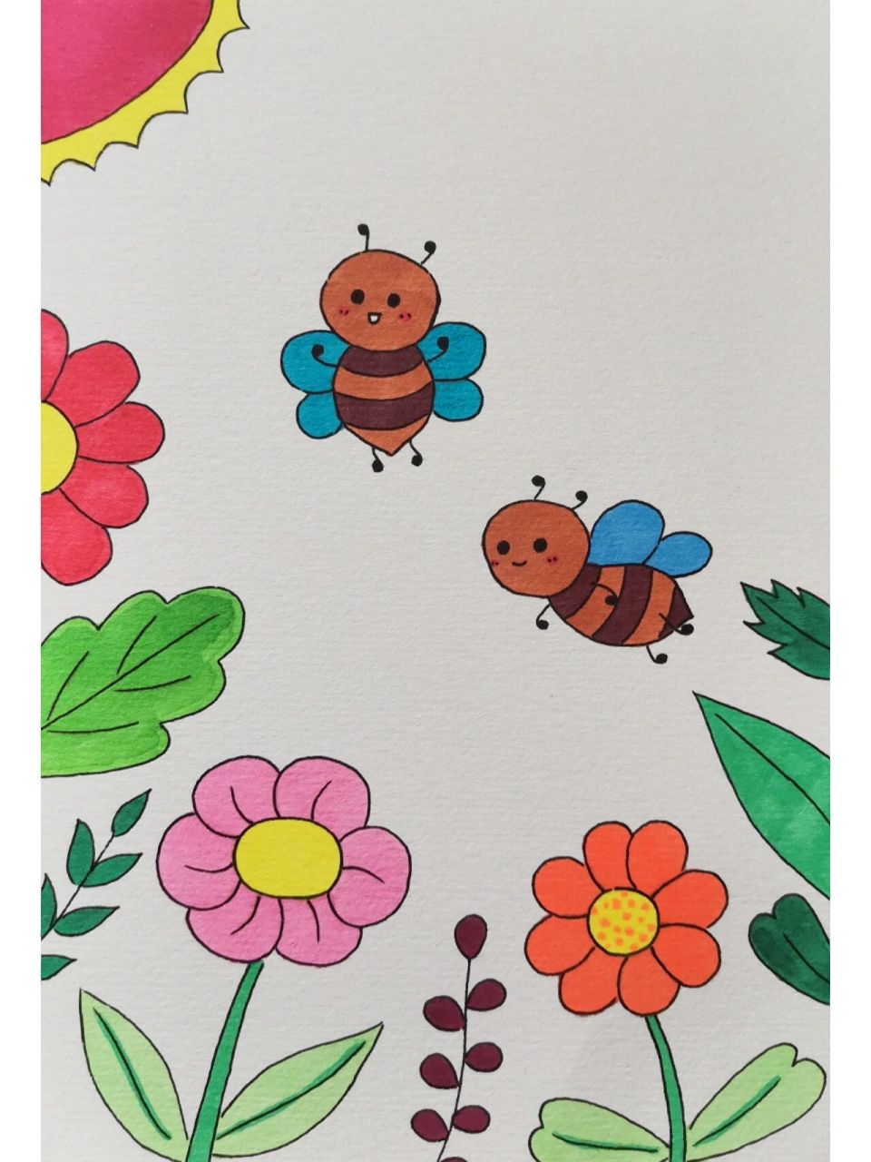 春天儿童主题画 幼儿园小学生简笔画分享 材料或工具:马克笔,勾线笔