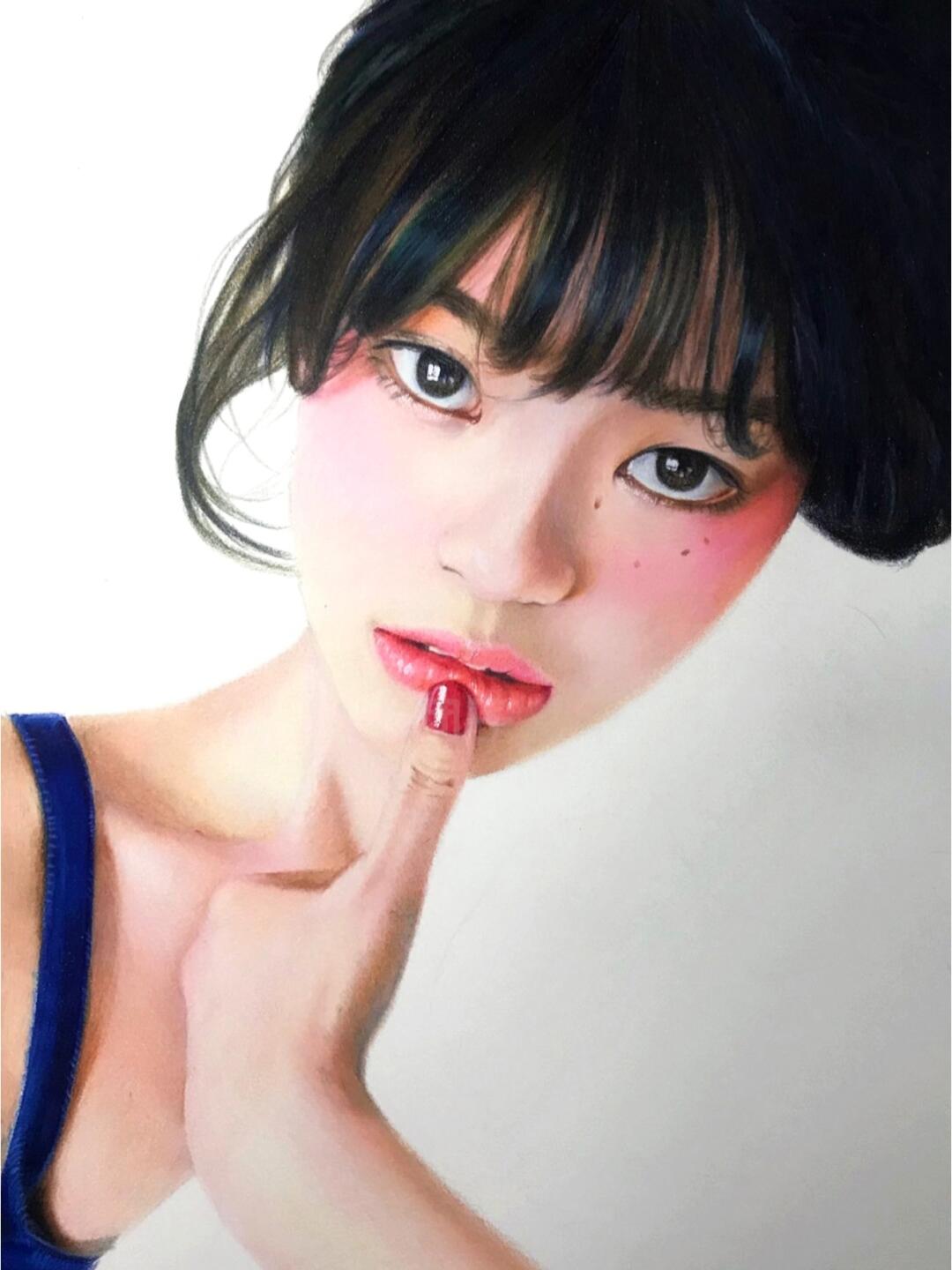 彩铅人像猫与少女绘画