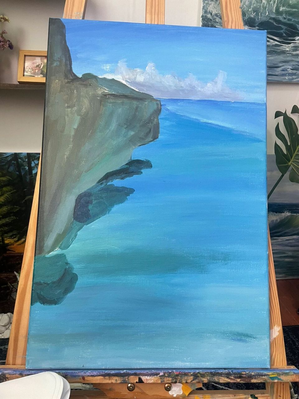 丙烯画 大海 (绘画过程) 平静的海面,蓝得仿佛是一块毫无瑕疵的蓝宝石