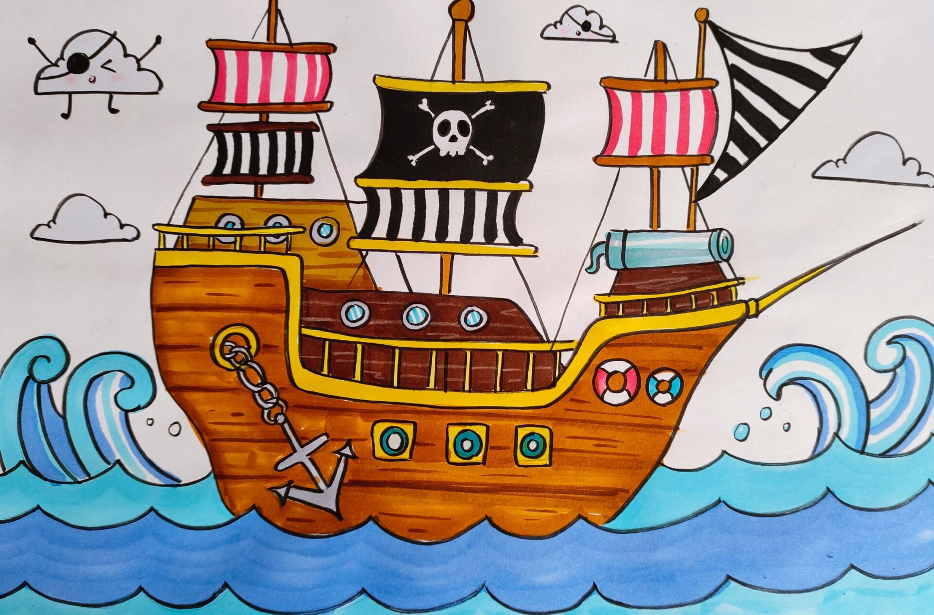 儿童画坚持打卡38/100 海盗船儿童画 海盗船创意画,儿童简笔画