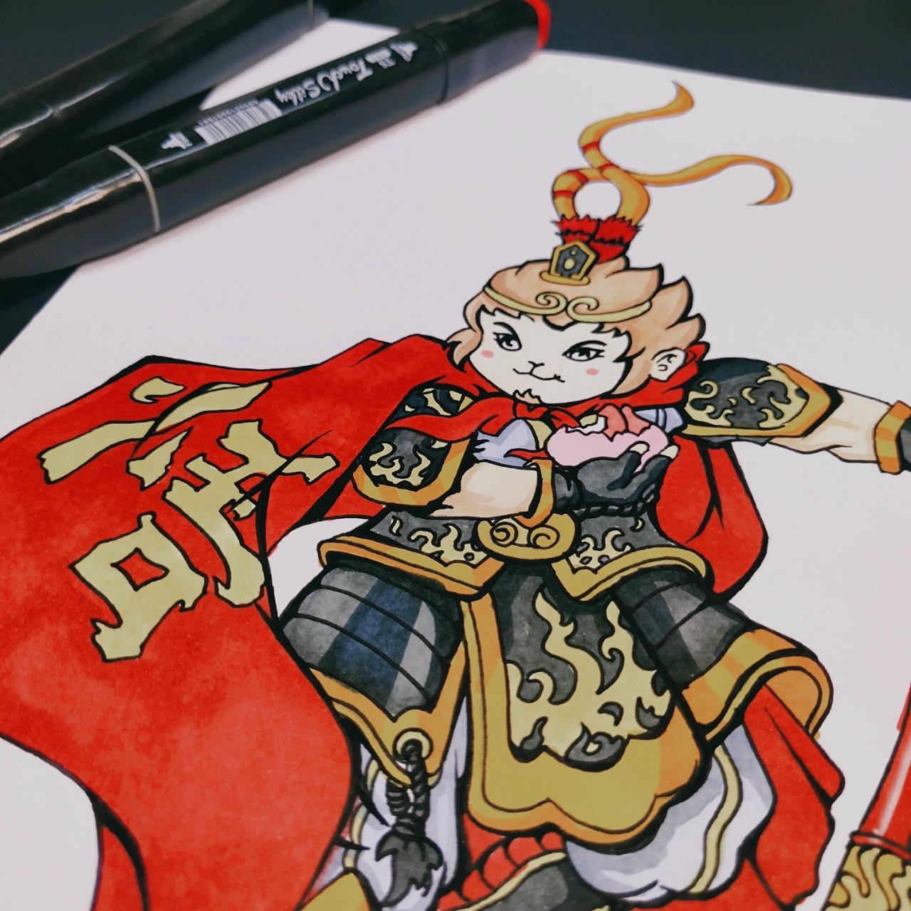 齐天大圣孙悟空手绘 材料:白卡纸,马克笔,水性勾线笔 临摹来源:见图七