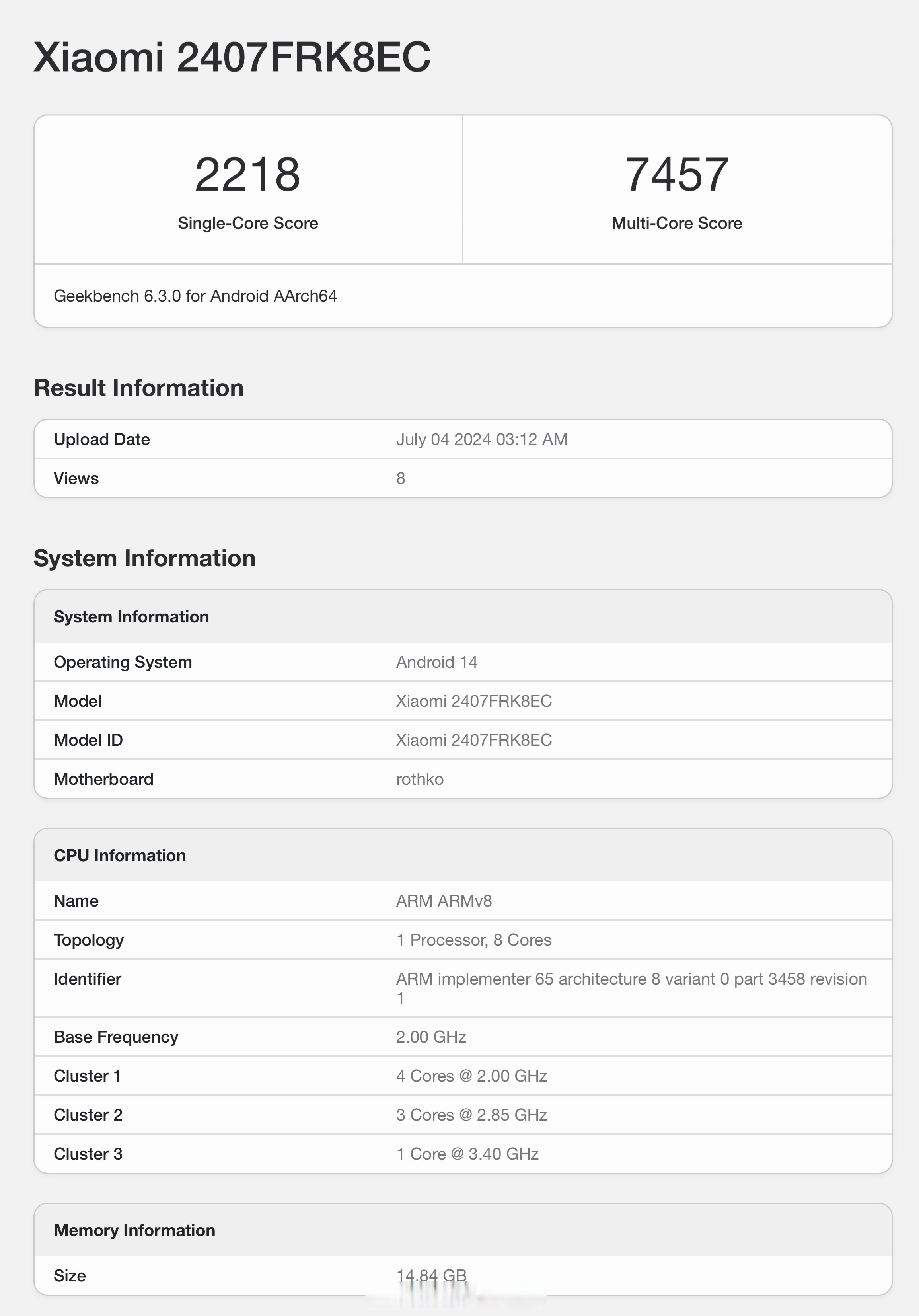 redmi k70 至尊版 geekbench 6 跑分出炉,单核 2218 分,多核 7475 分.