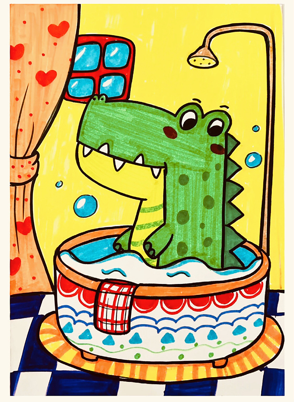 儿童画(爱洗澡的小鳄鱼)