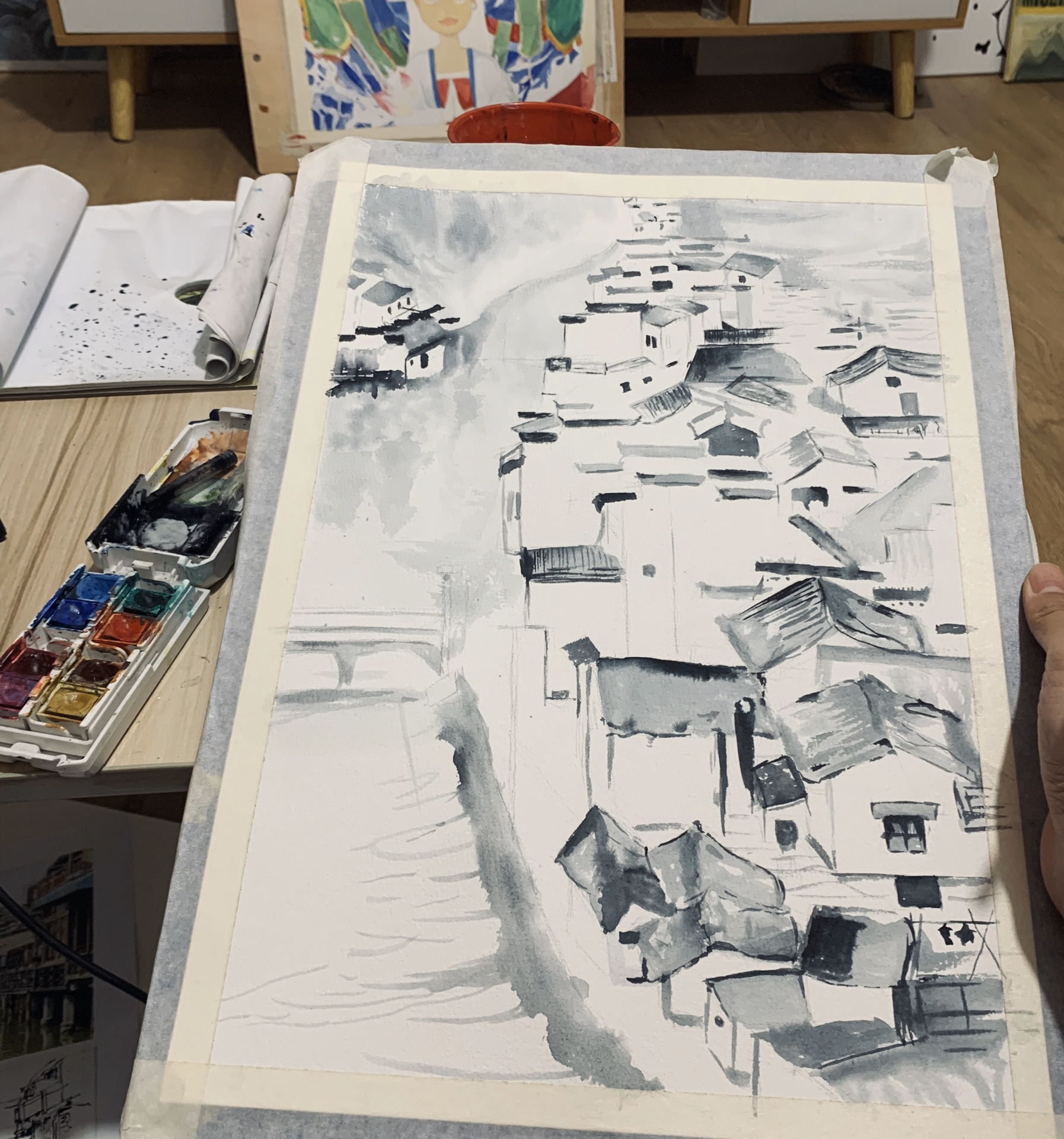 水彩画之徽派建筑