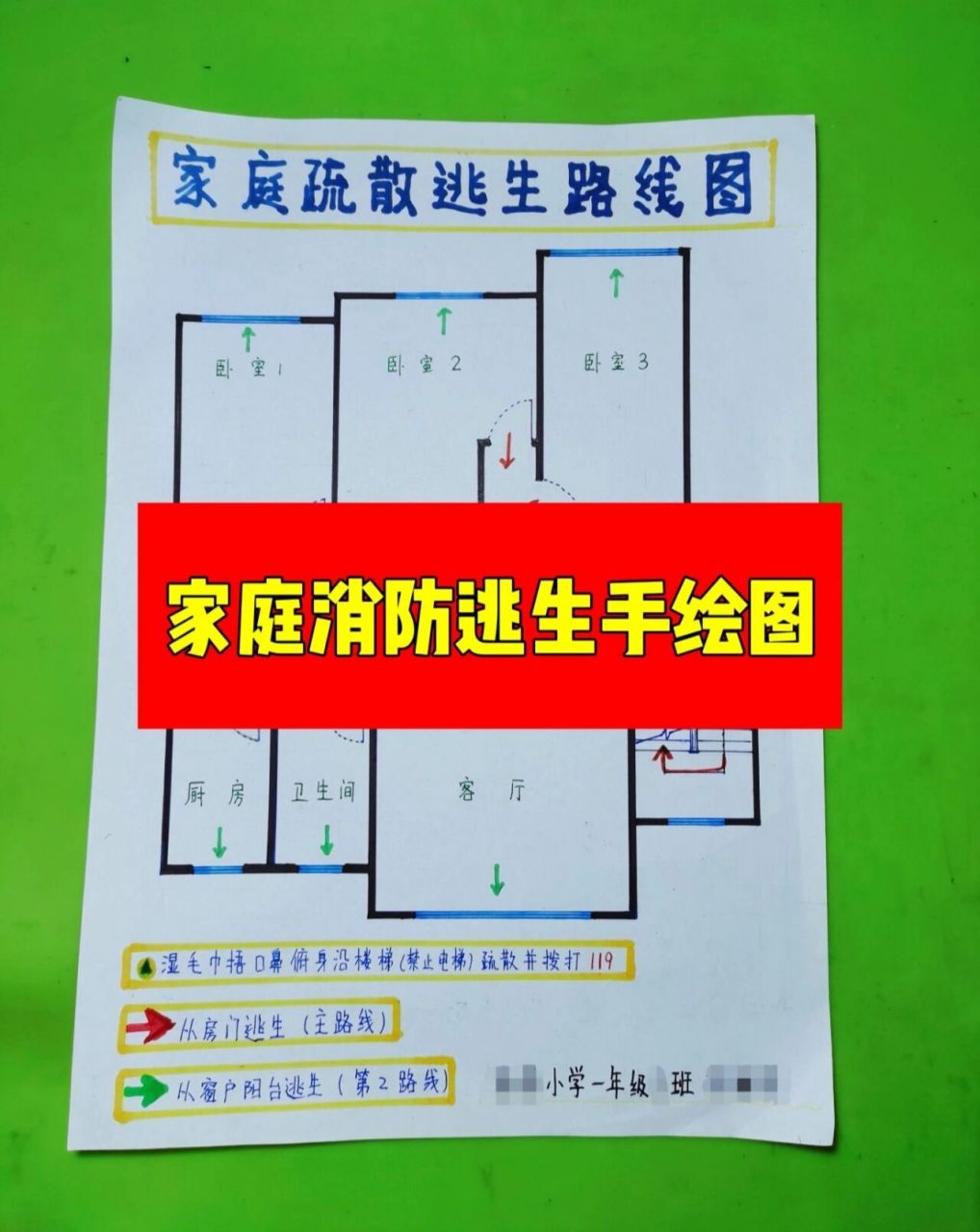 家庭消防火灾逃生安全疏散2个线路示意绘图 7715寒暑假期学校作业