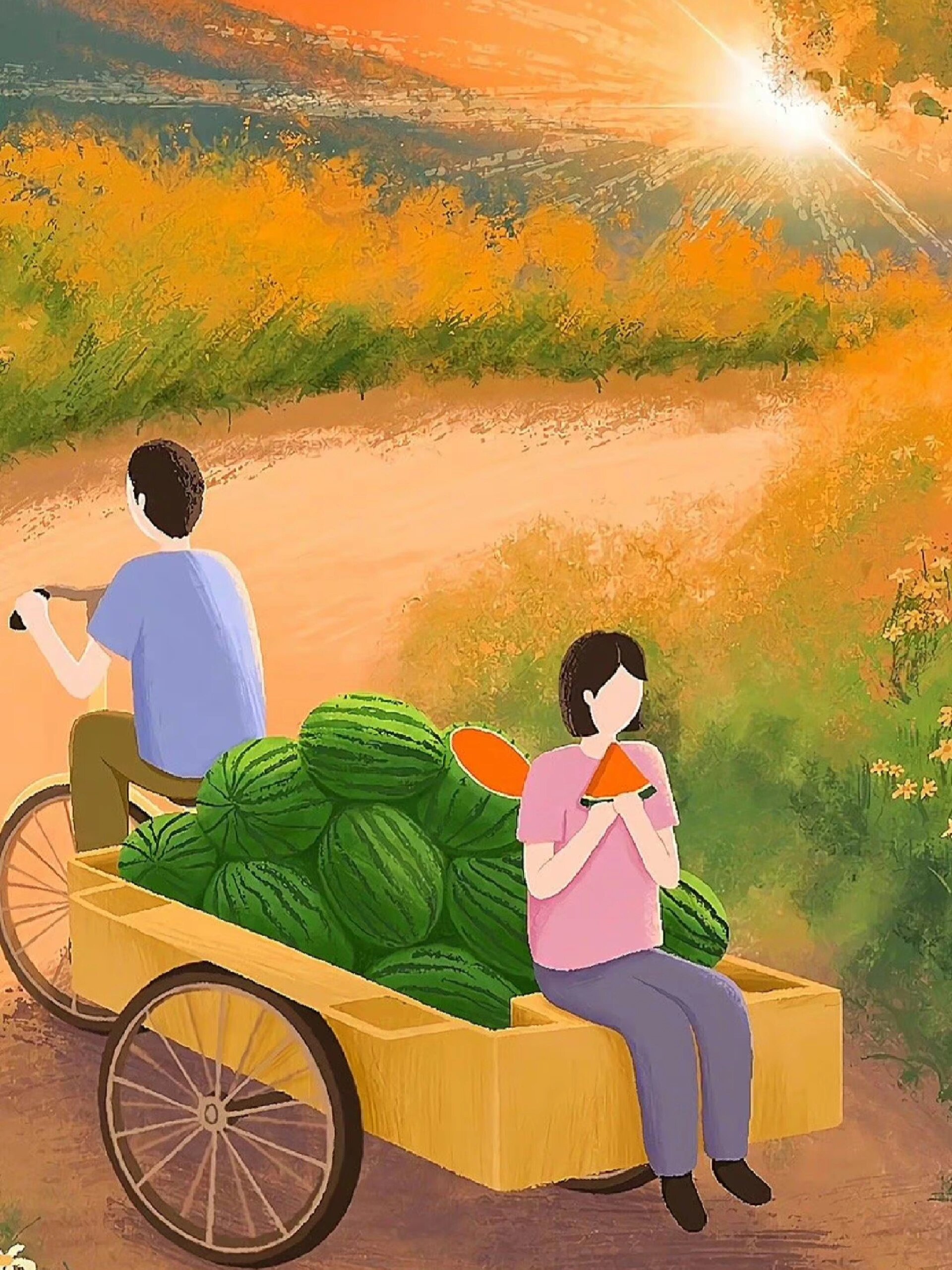 惬意的风景人物插画壁纸 67