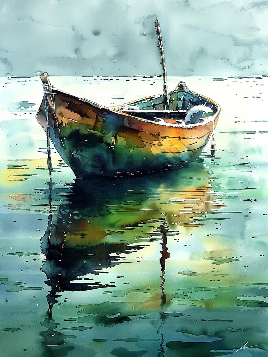 ai水彩|停泊小船的怀旧倒影