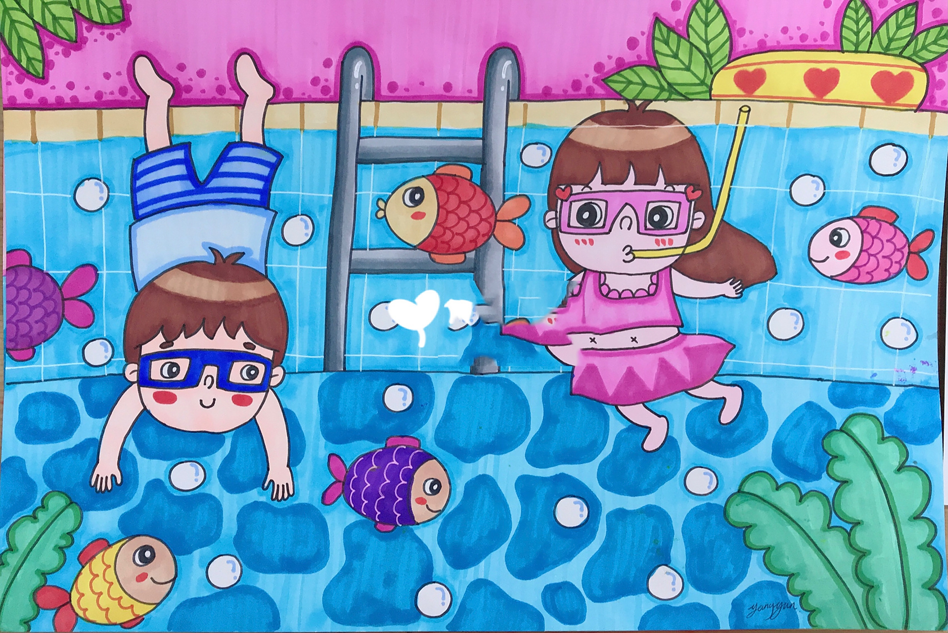 【吖丫乐手绘】夏日游泳池主题儿童画 课堂示范