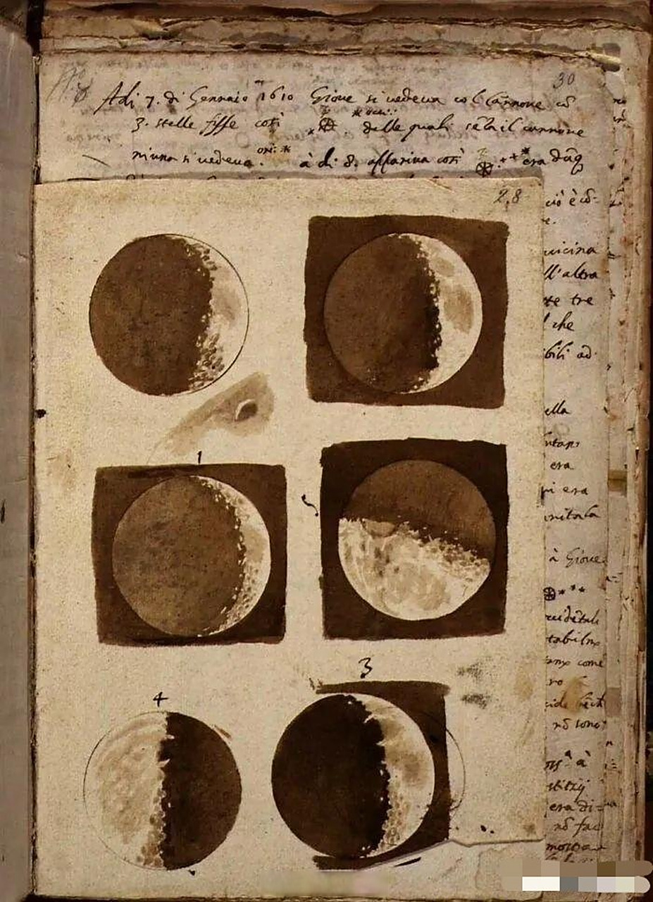 四百年前,伽利略的手绘月球图.