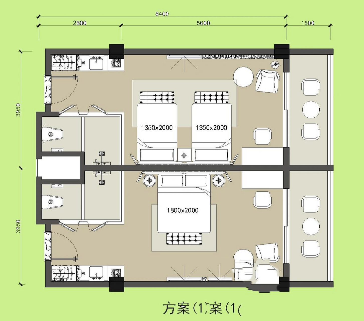 酒店客房设计方案平面图 客房标配的淋浴间,卫生间,洗手台,卧室,阳台
