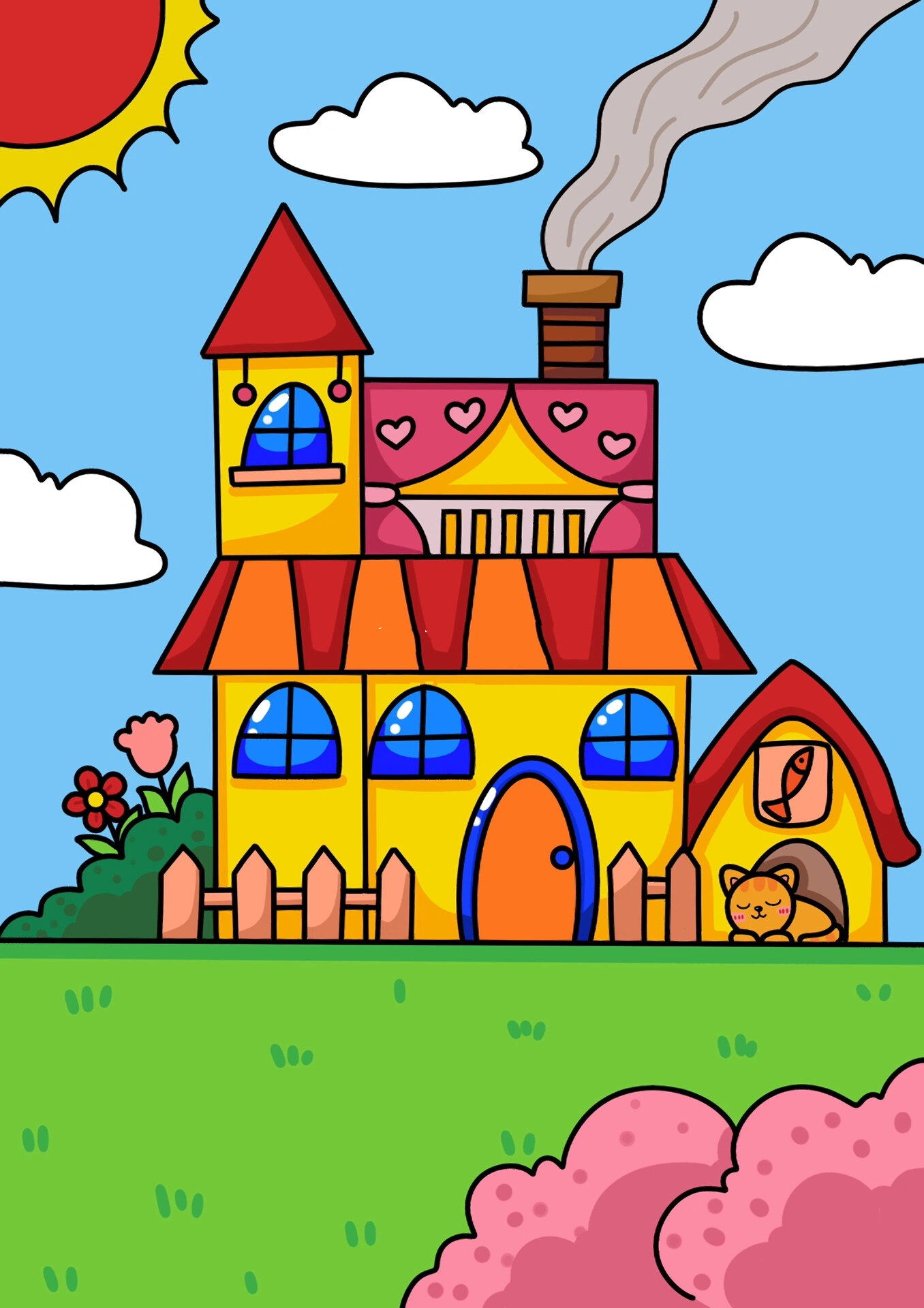 美丽的小屋 房子 儿童创意画 带线稿