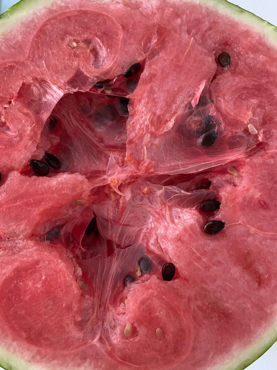 西瓜这样是什么情况 西瓜切开,中间都是干干的膜,捅开膜,是有点儿空心