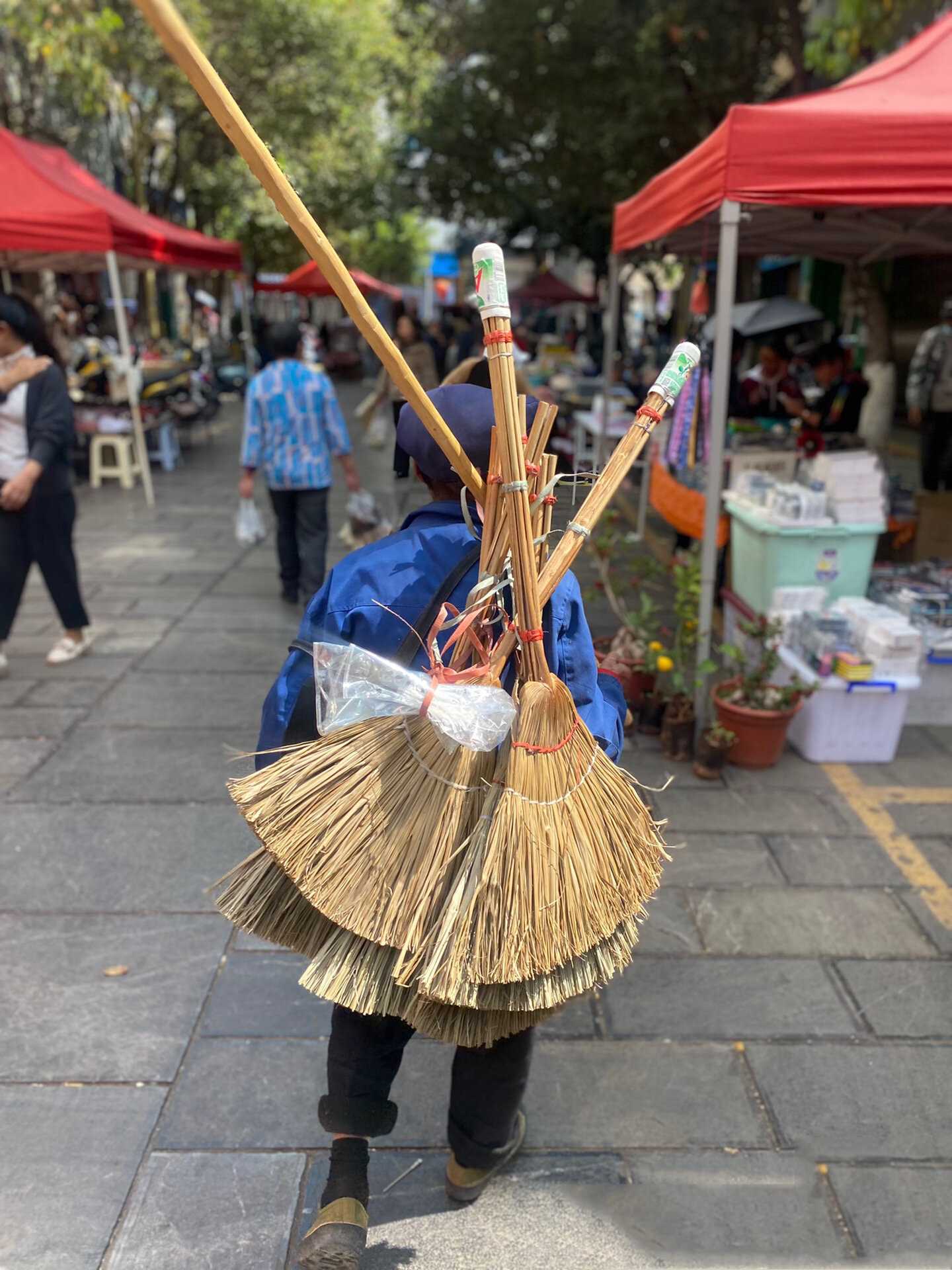 集市,偶遇一大爷背着这种用棕榈叶编织的扫把03,让我想起小时候家家