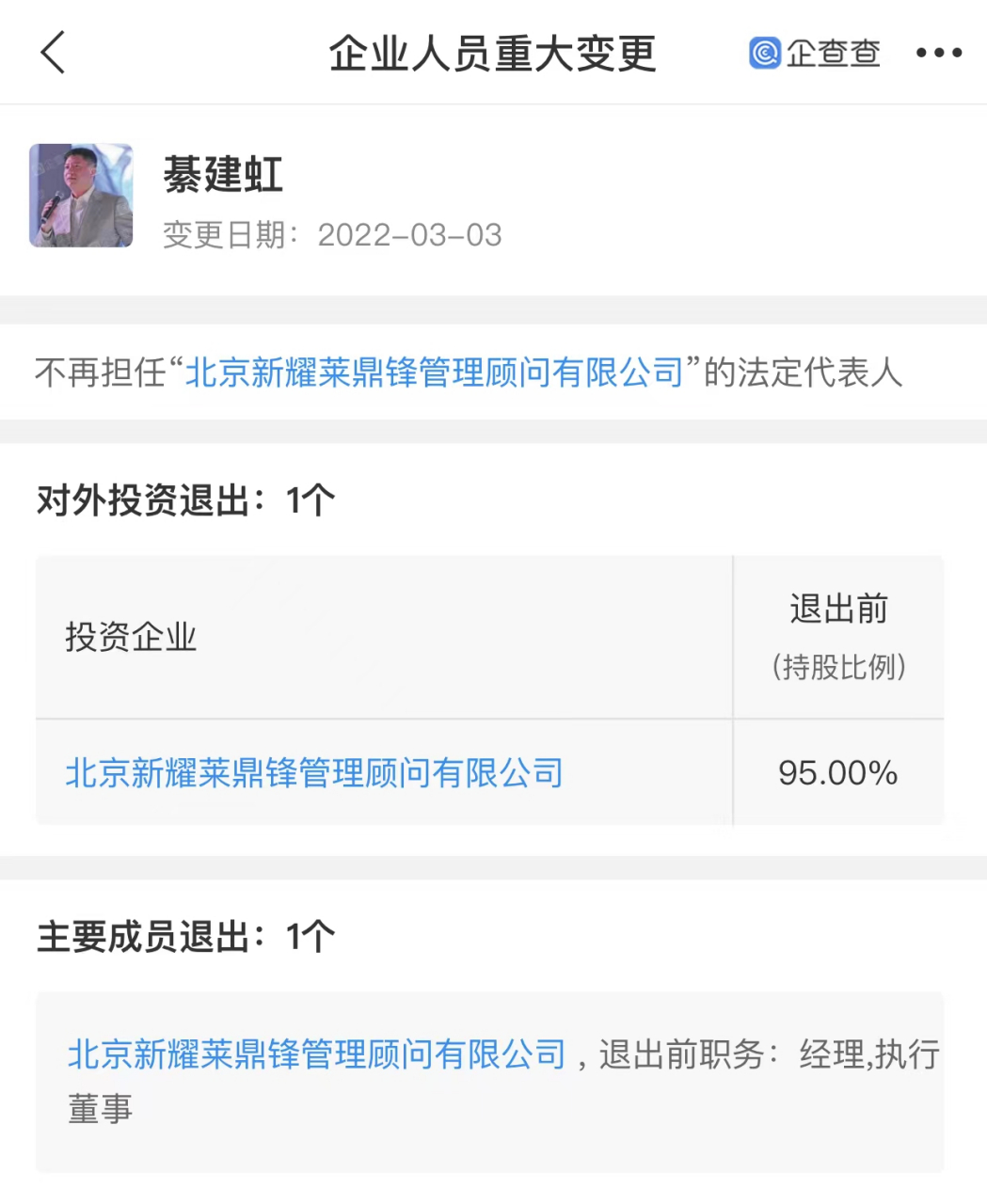 綦建虹退出耀莱文化【綦建虹卸任北京耀莱文化法人】企查查app显示