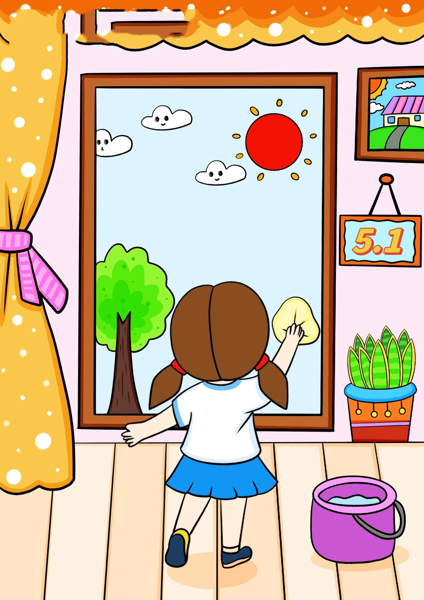 劳动节儿童画 擦玻璃卡通画五一主题画