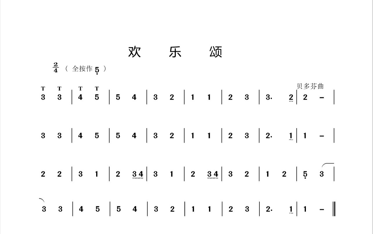 《欢乐颂》竹笛简谱