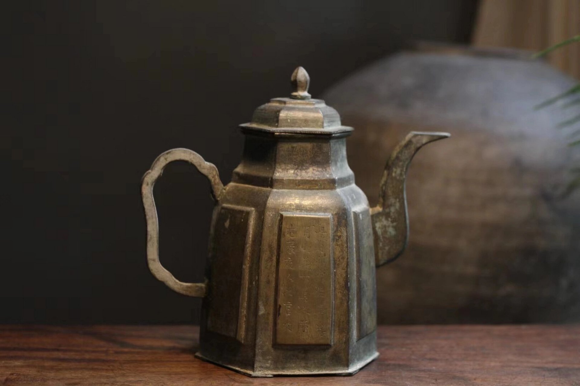 清代民国六方开窗文人刻绘老铜壶 清代民国六方开窗铜壶 老铜器茶壶