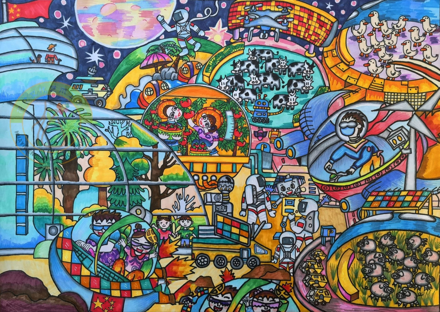 科技科幻绘画插画四幅干货 图一《太空农场》 图二《禾下乘凉梦》 图