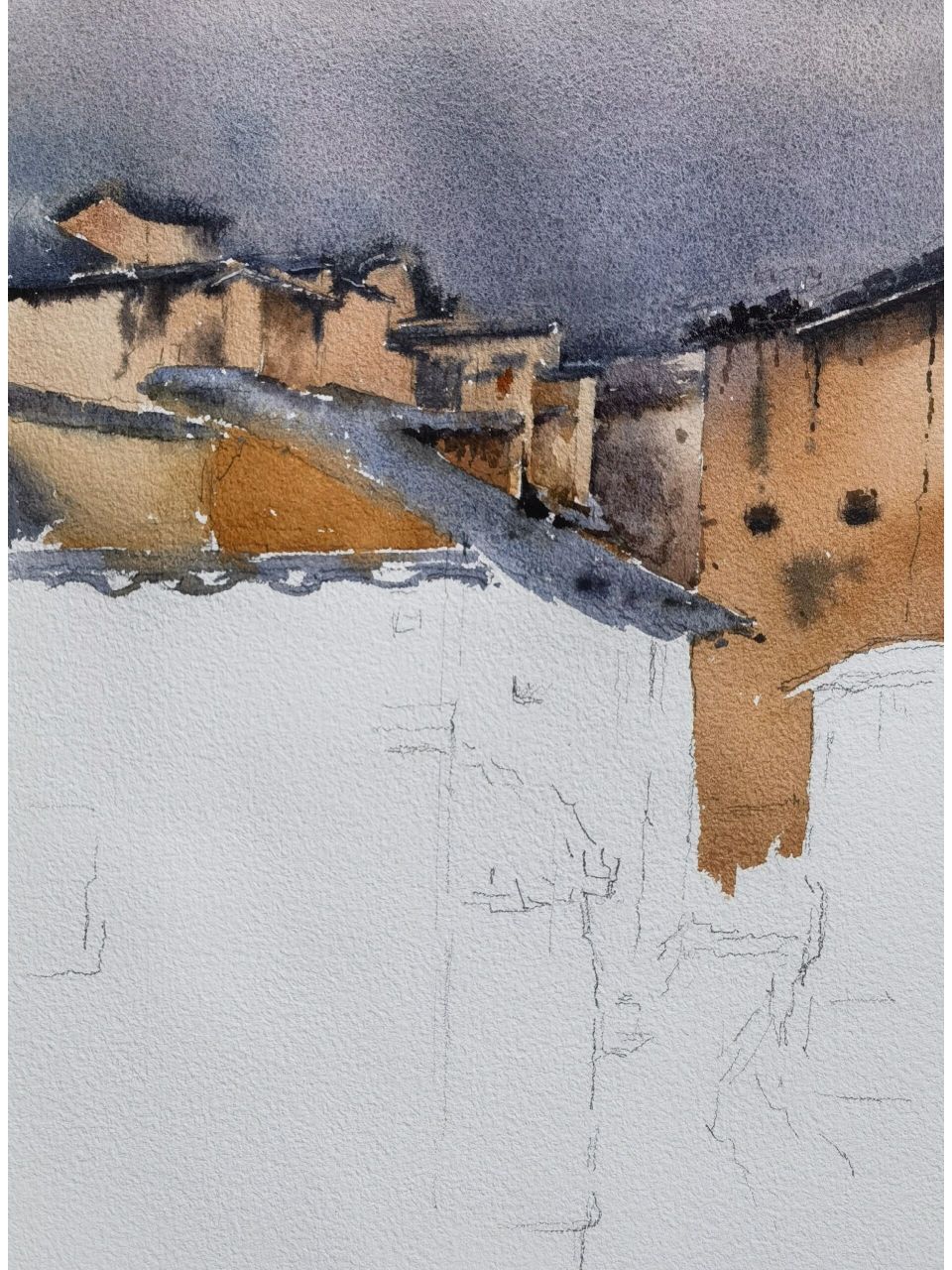 水彩风景《雨后古村落》 谢谢沙河老师的素材