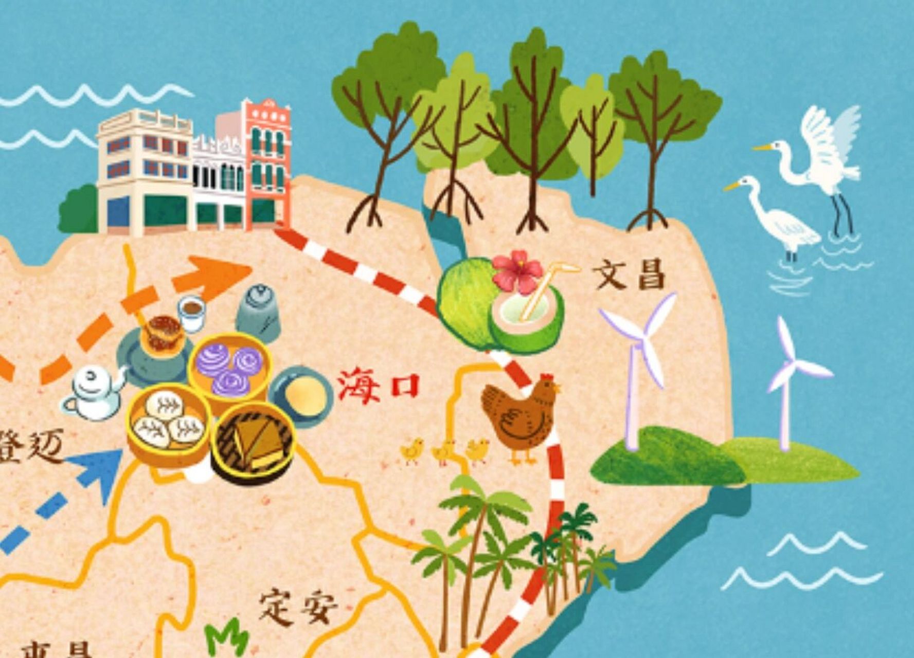 原创插画地图★海南省 2020年给杂志画的海南省地图.