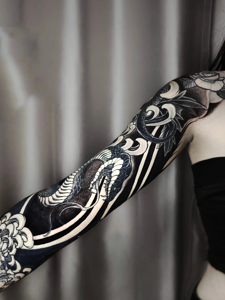 黑臂新玩法 - 暗黑 蛇 菊花花臂