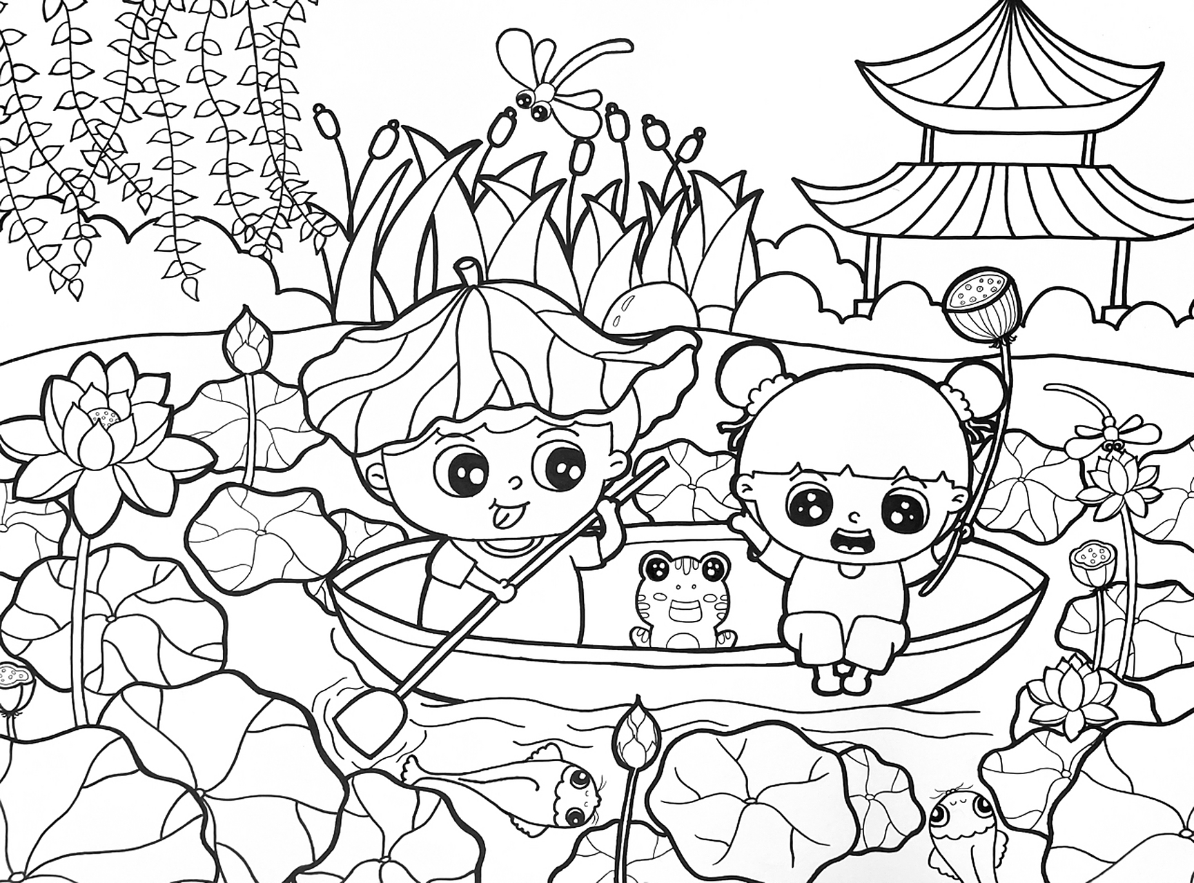 夏天荷花主题儿童简笔画|黑白线稿儿童画 今天先来一张线稿图吧 99