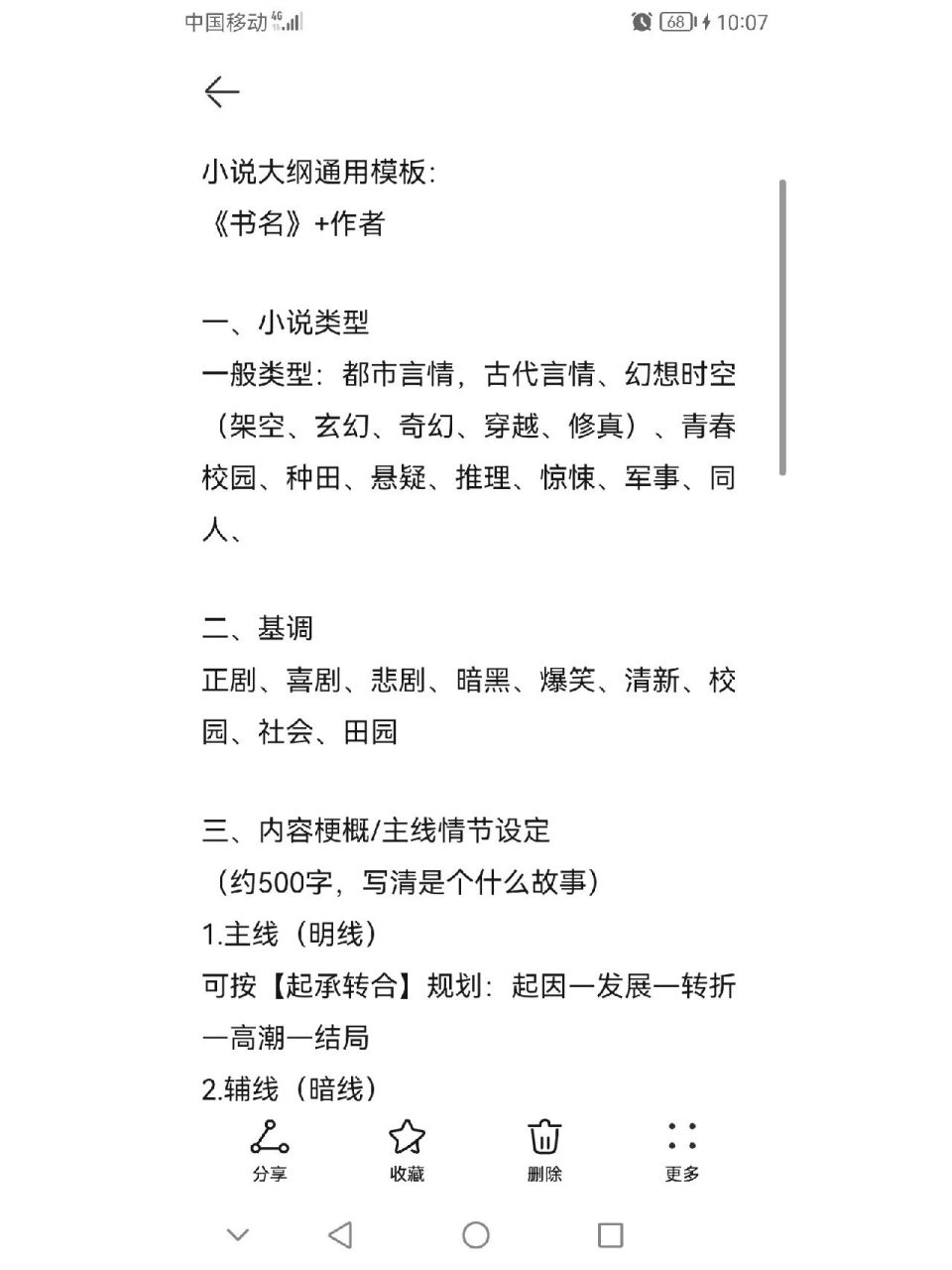 小说大纲通用模板素材分享 《书名》 作者一,小说类型