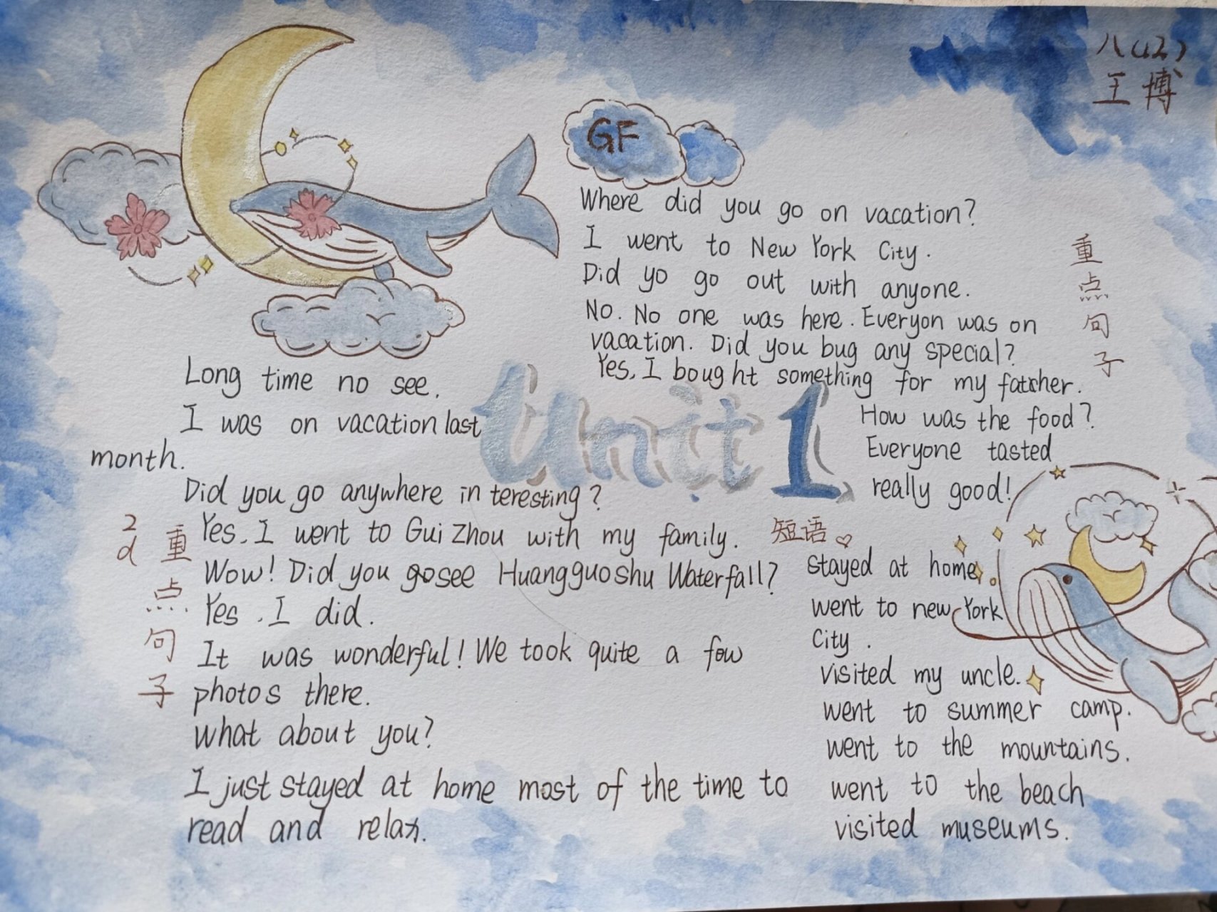 八上英语一单元手抄报 第1次尝试用水彩画,鲸鱼那些画是临摹的,小红著