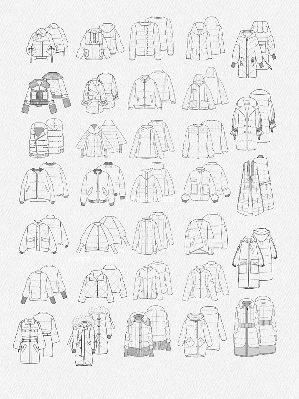 服装设计 |手绘|36款棉服羽绒服款式图分享 工