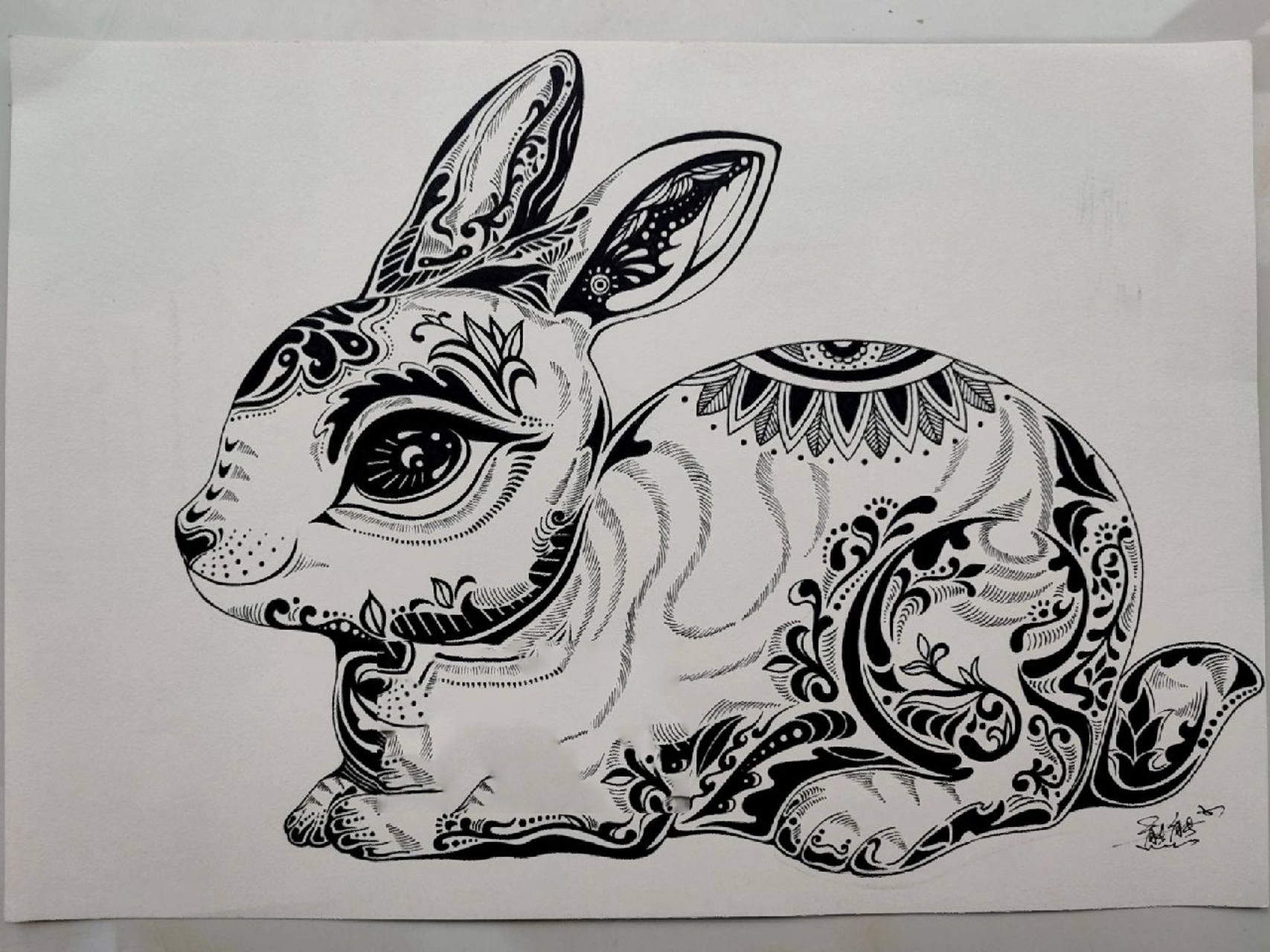 黑白线描《兔子》  黑白装饰画