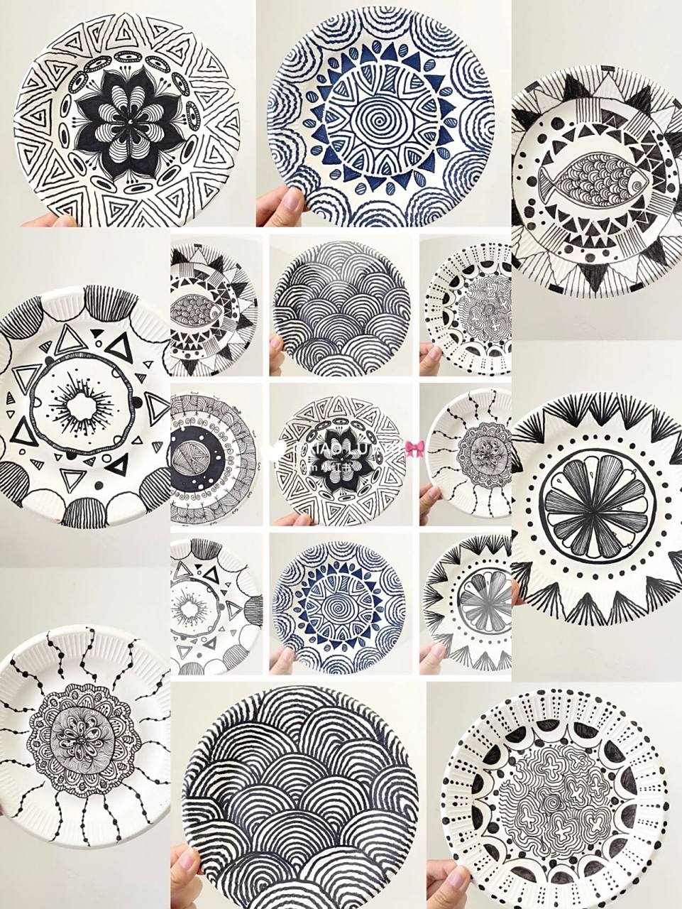 纸盘线描|蓝黑线描|环创设计|青花瓷花纹 超简单线描盘子绘画第三波