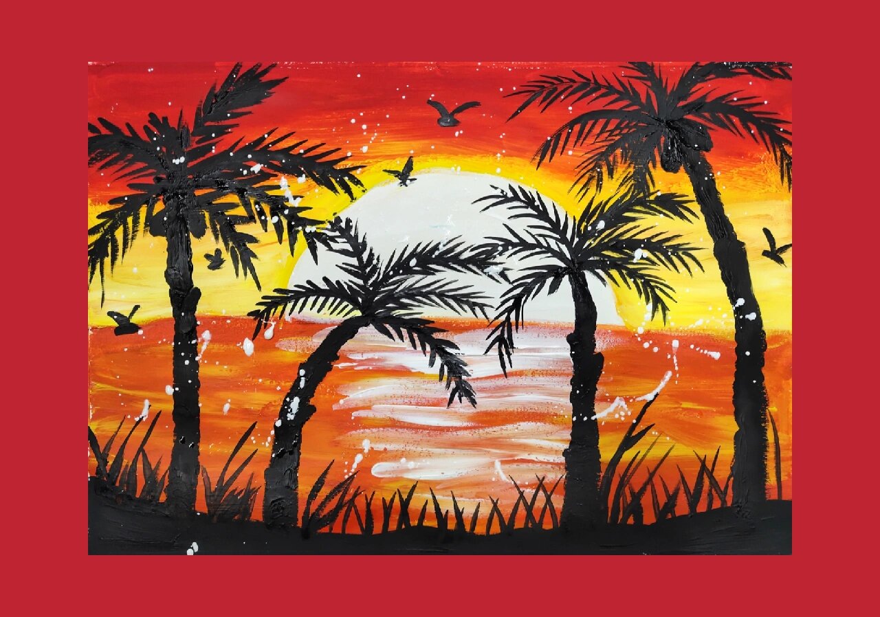 手绘158天|创意水粉|风景篇|附过程图 海边椰子树~适合8-10岁宝宝