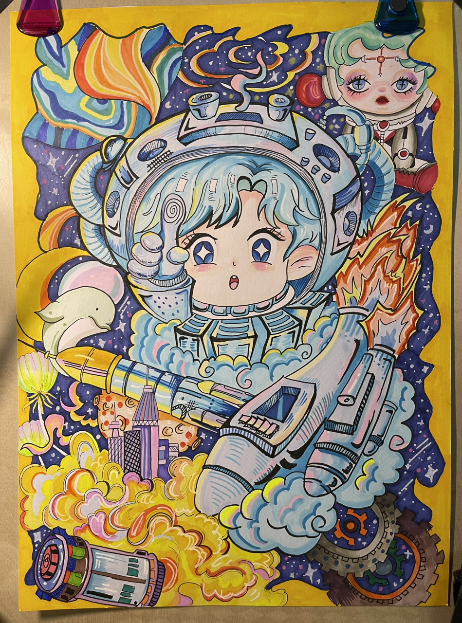 4k 勾线:樱花 上色:法卡勒 关于宇宙主题的科幻画,适合1-3年纪绘画