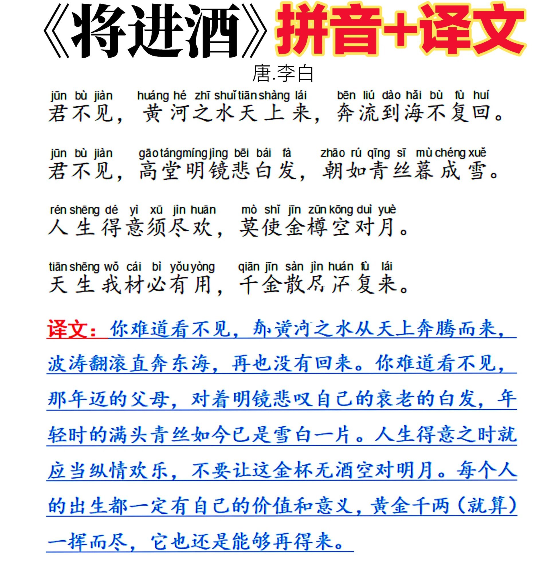 李白《将进酒》拼音 译文