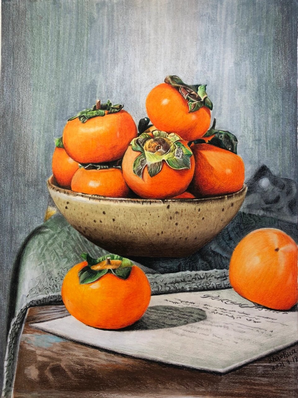 《柿61如意》 工具:霹雳马油性彩铅 辉柏嘉水溶性彩铅 细纹水彩纸