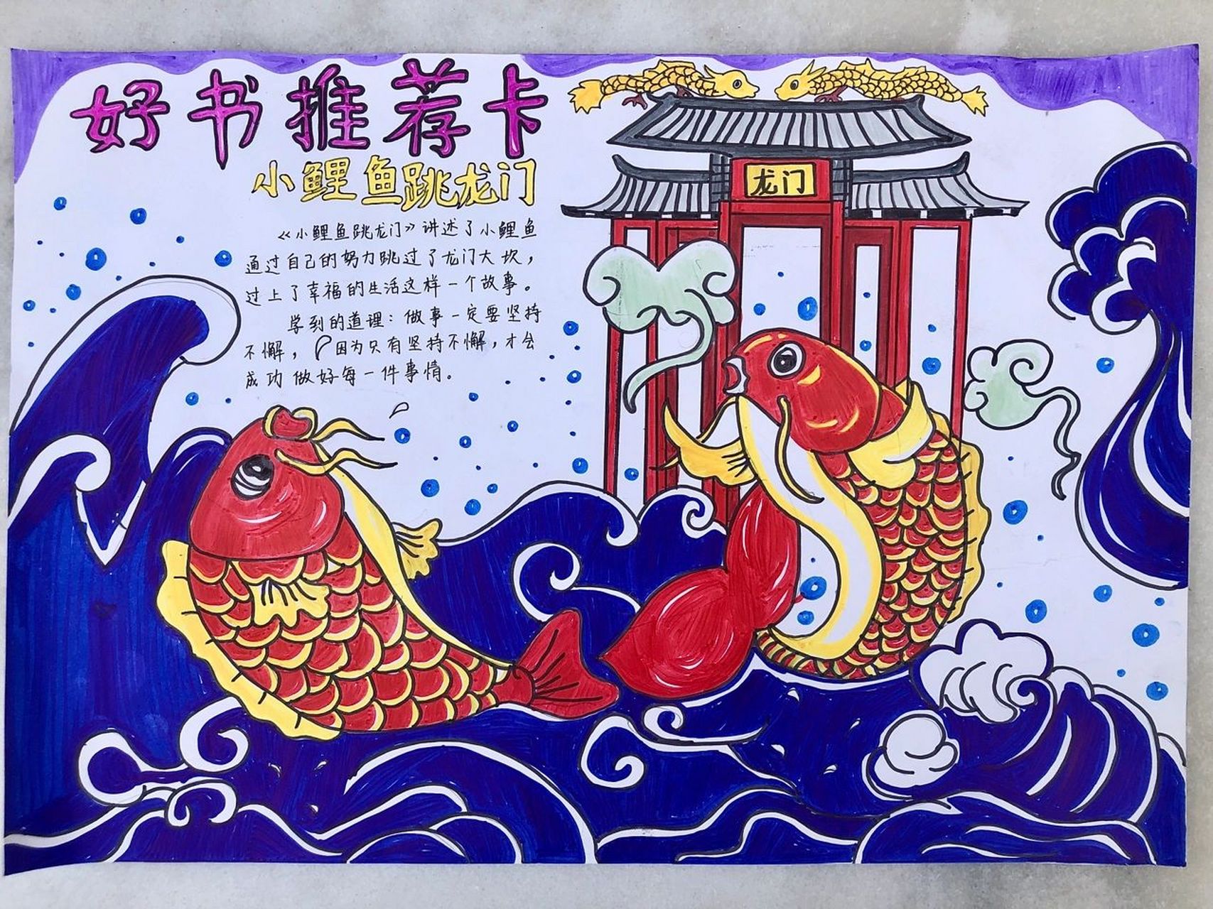 好书推荐卡|小鲤鱼跳龙门绘画|附完整线稿 内附完整线稿,适合小学生