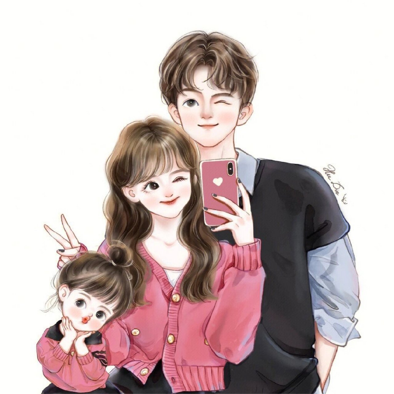 亲子头像|一家三口手绘头像95 今日份手绘一家三口,一家四口卡通