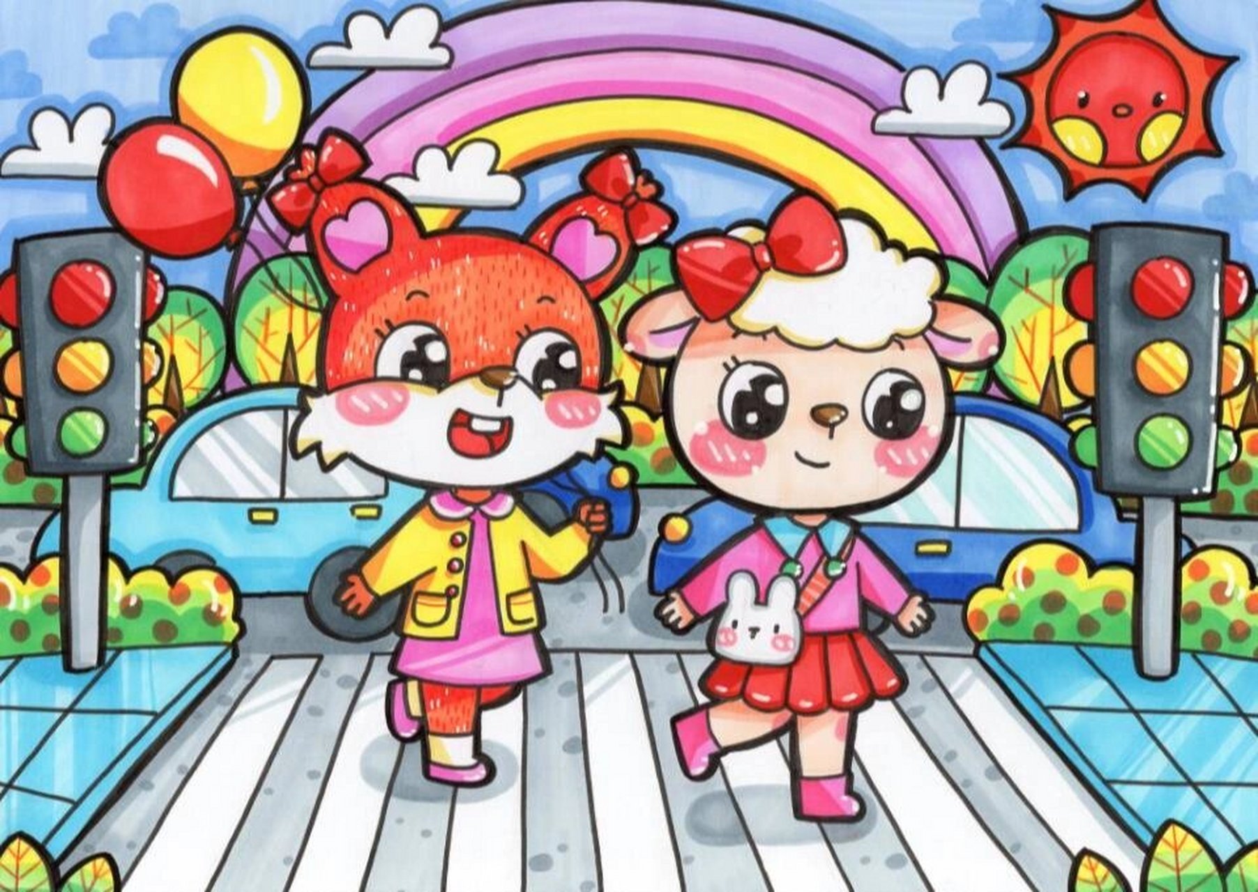 儿童画城市场景《热闹的大街》《春天》 《热闹的大街》《春天》有