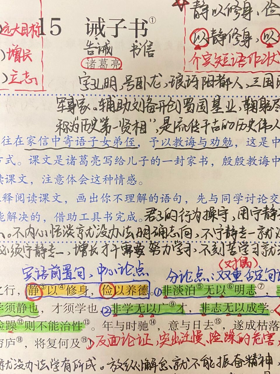 备课|初中语文《诫子书》详细笔记  1.诸葛亮相关文学常识 2.