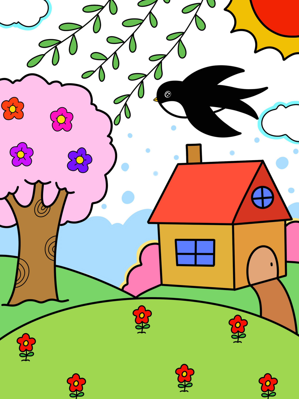 春天风景画 可爱的小房子儿童创意画 简笔画 #创意美术儿童画# #简笔