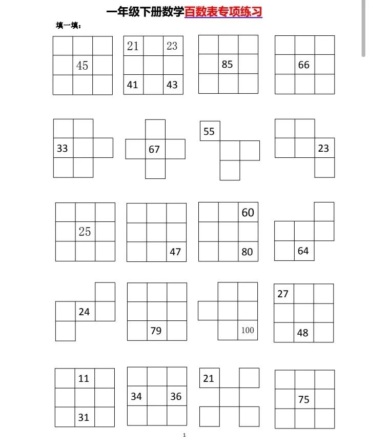 一年级数学下册百数填表专项练习