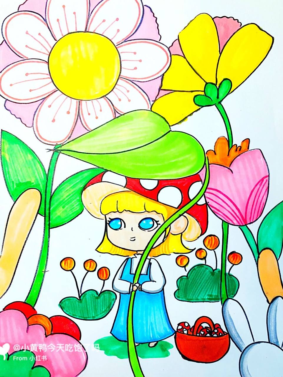 蘑菇女孩 #卡通画# #马克笔# #儿童画# #森林主题画# #蘑菇96和小