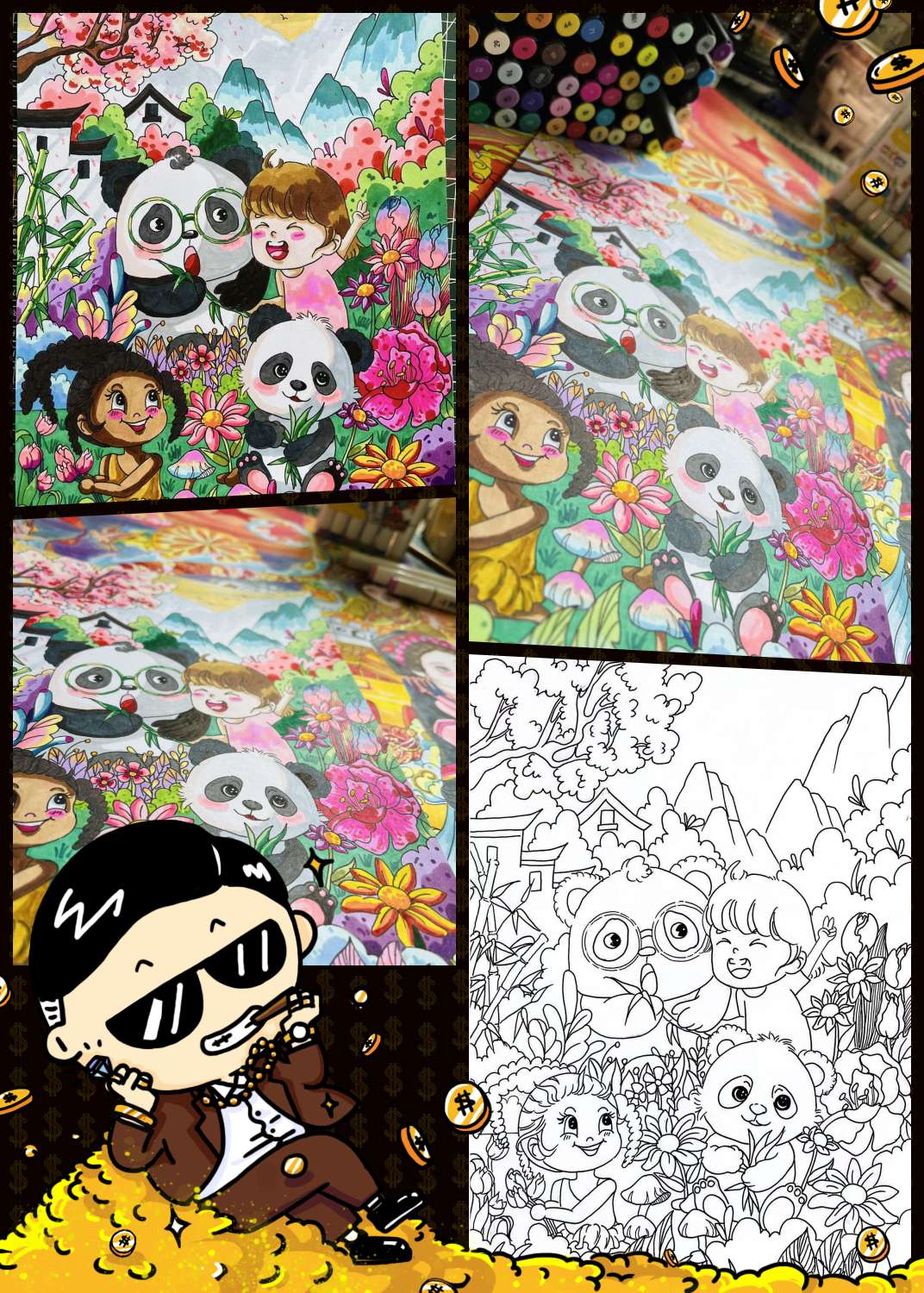 画中的大熊猫憨态可掬,萌态十足,让人忍不住想要摸摸它的小脑袋!